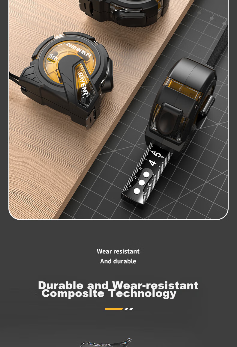 Ruineng Self-Locking Tape Measure, High Precision, Black Gold Rubber-Coated, Transparent Case, Wear-Resistant, Drop-Resistant Steel Tape Measure, Meter Ruler, Box Ruler, 10X25mm 5