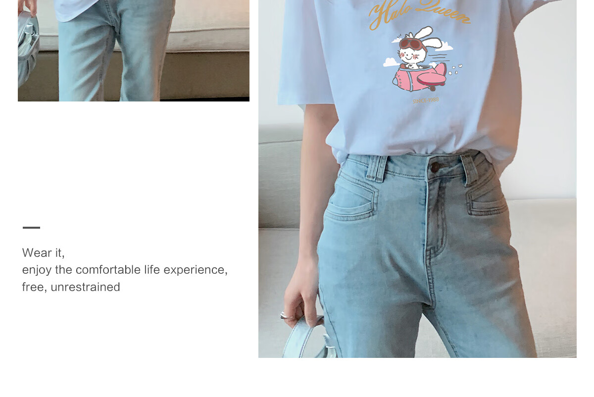 Halo Queen Women's Summer Short-Sleeve Round Neck T-Shirt, Cute Rabbit Print T-Shirt, Loose-Fitting Slimming Top, Women's H143T1417 21