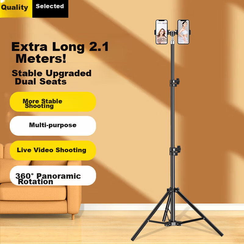 Stiger Dual-Mount Phone Clamp Tripod 2.1m Selfie Stick, Floor Stand for Live Streaming, Extendable Portable Tripod, Universal Selfie Photography Tripod Clamp