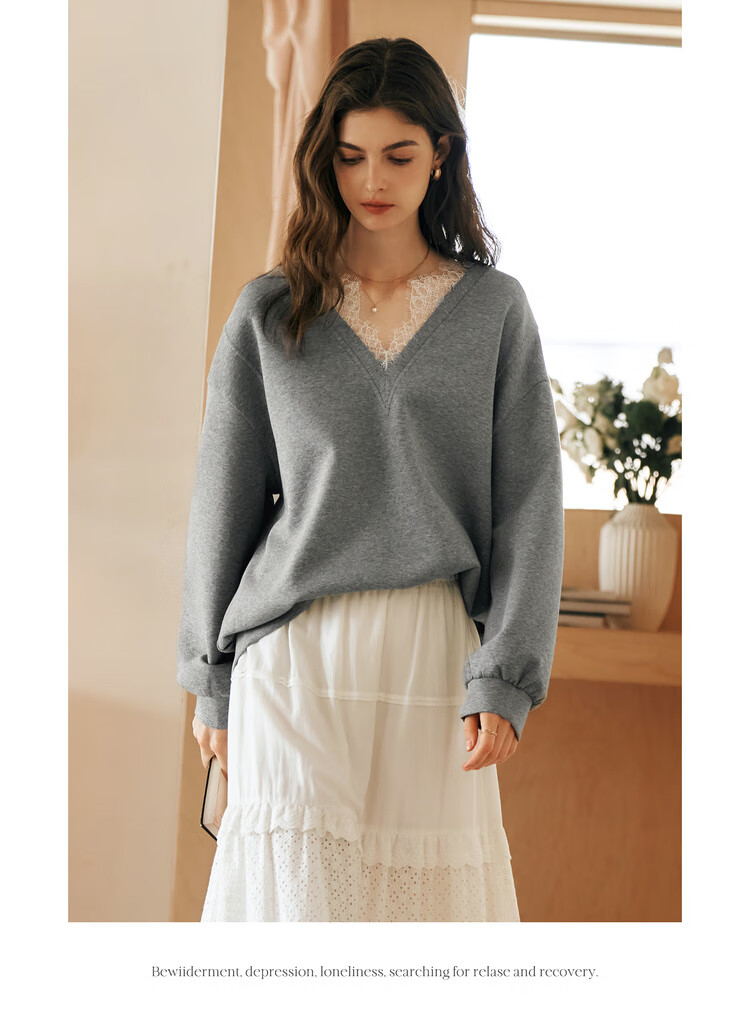 Oulain French V-Neck Sweatshirt for Women, Spring New Style Distinctive Lace Casual Pullover Top, High Gray, Size S 16