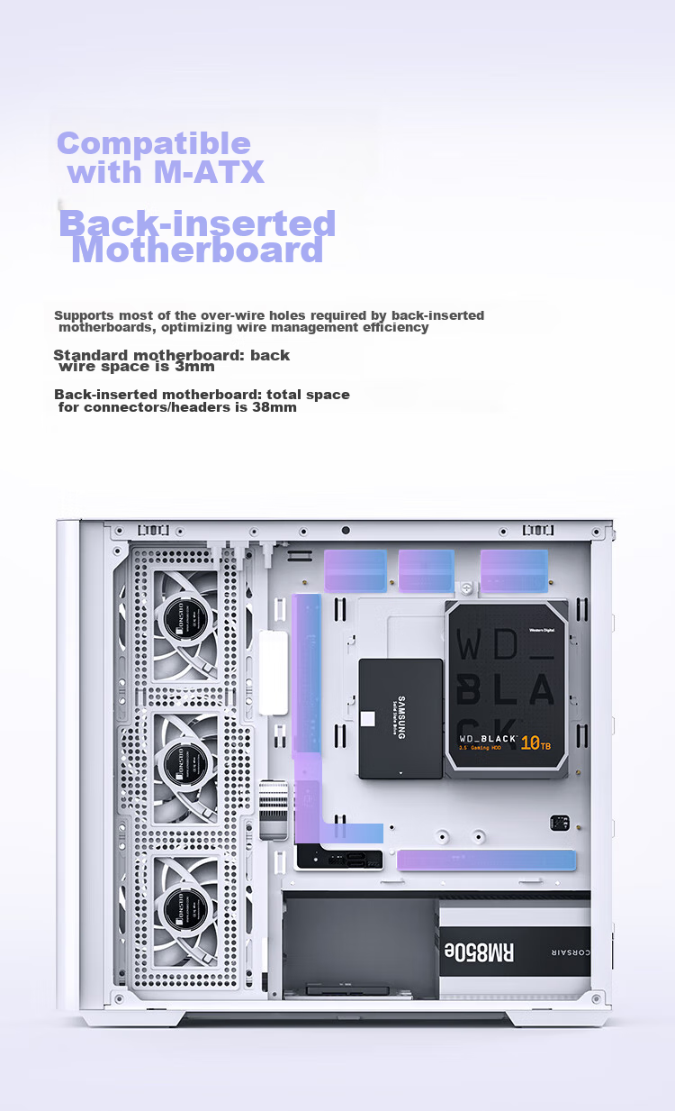 JONSBO D300 White MATX Case (Pillarless Curved Panoramic Design, 360mm Radiator Support, ATX PSU, 10 Fan Positions, Type-C Gen2 10Gbps+) 6