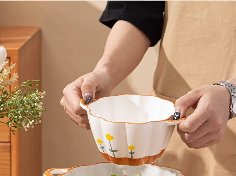 CERAMICS, Shanjuhua 9.5-Inch Double-Handled Soup Bowl, Home Use, High Aesthetic Value, Fresh Ceramic Large Bowl, Heat-Resistant Noodle Bowl with Spoo 8