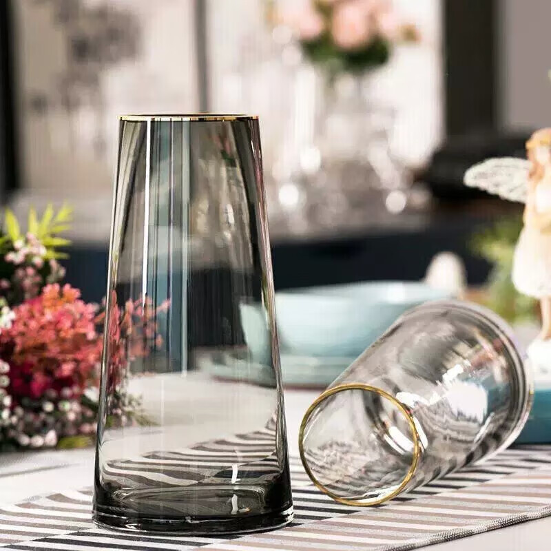 Shengshitaibao Glass Vase, Nordic Luxury Gold-Rimmed Transparent Water Cultivation Flower Arrangement Container for Living Room, Entryway And Dining Room Decoration Ornament, 25cm