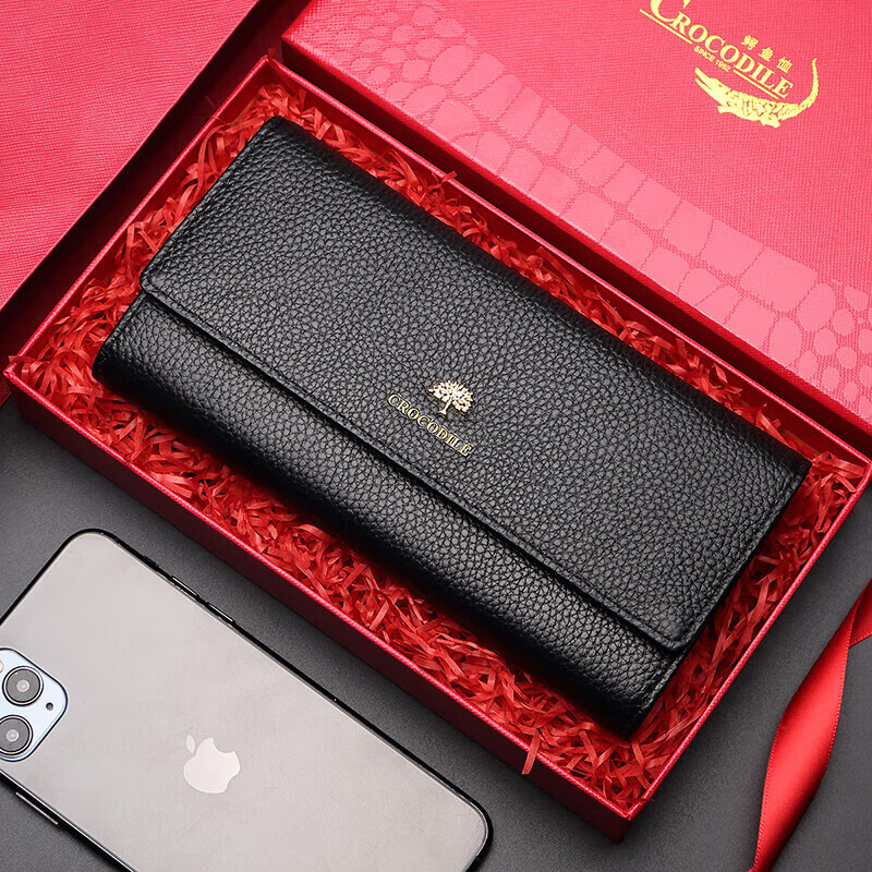 CROCODILE Goddess Festival Top-Grain Leather Long Wallet for Women, Bill Holder, Coin Purse, Birthday Gift T191 Black