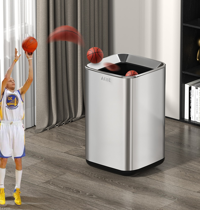 AKBK Stainless Steel Trash Can 15L Silver Large Square Bin for Living Room, Kitchen, Bathroom, Luxury Hotel, Office 11