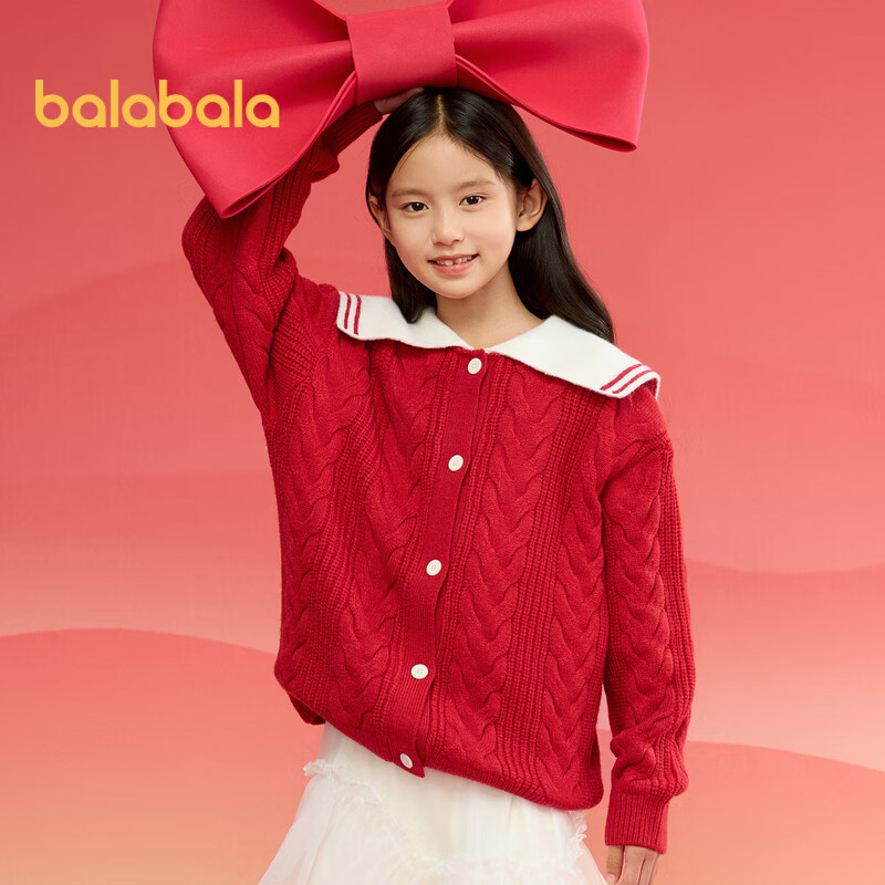 BALABALA Girls' Red Sweater, Children's Knitted Cardigan, Spring And Winter Wear, Contrasting Colors, Warm Open-Front Desig