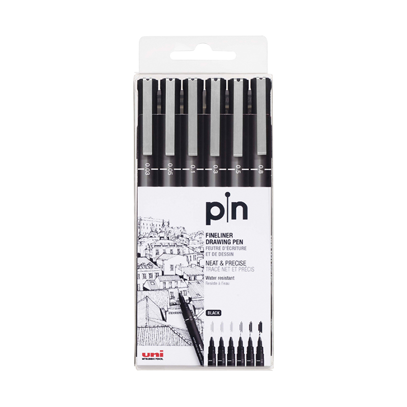 Uni Mitsubishi Water-Based Drawing Needle Tip Pens, PIN-200 Art Comic Design Outlining Pen, Black, Set of 6
