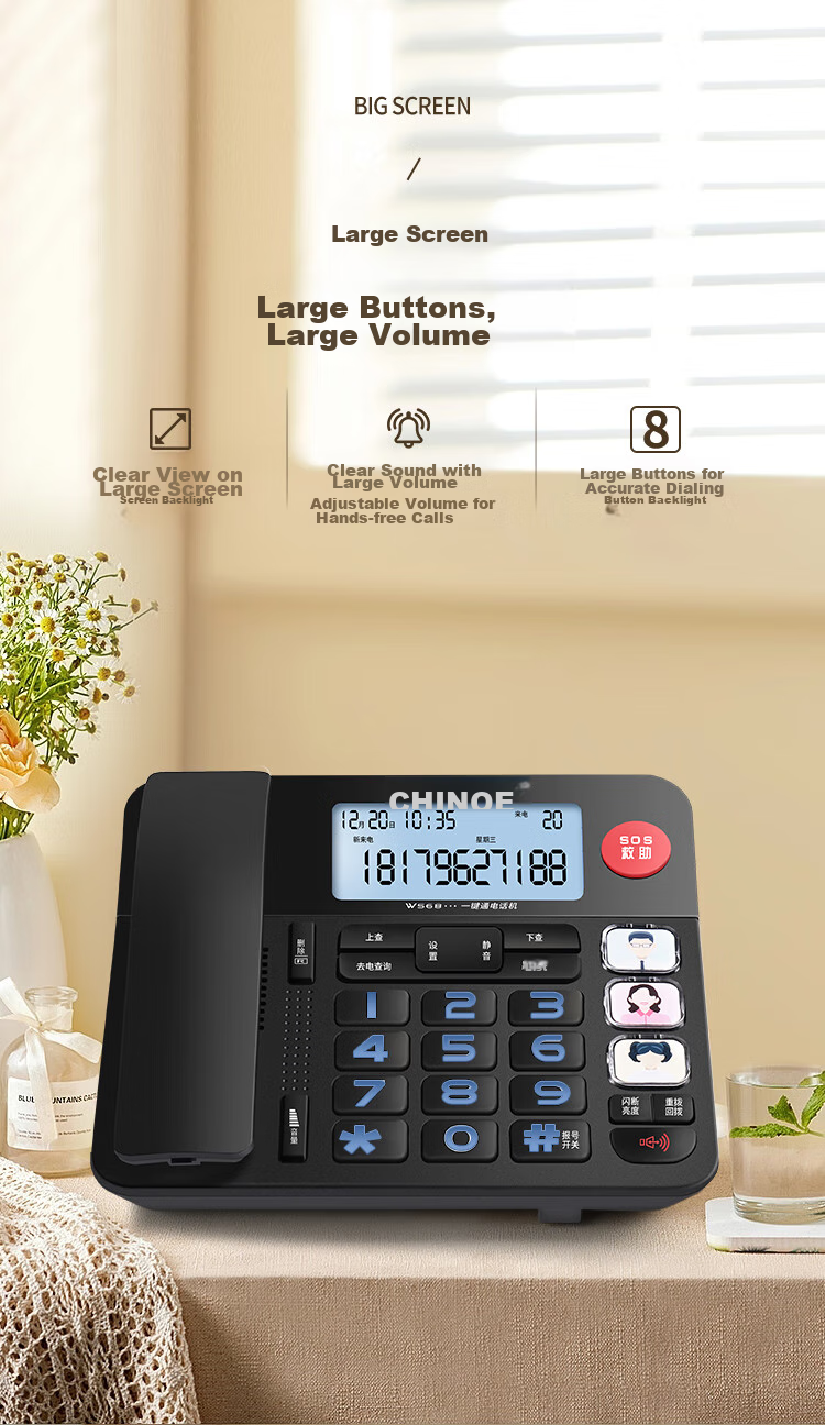 CHINO-E Landline Telephone for Elderly, Fixed-Line Phone, Large Ringtone, Luminous Buttons, Volume Control, Battery-Free, Caller ID, Office And Hotel Use C209 Red 2