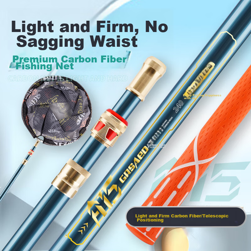 Grsaed Fishing Carbon Fiber Landing Net, 2.1-Meter Landing Net Pole, Fish Net, Fishing Scoop, Foldable Net Head, Landing Net Pole Set A15