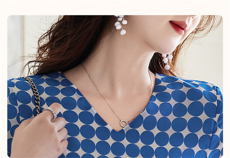 Dme Commuting Polka Dot Vintage Dress Summer V-Neck Lantern Sleeve Chiffon Mid-Length Dress for Women 6