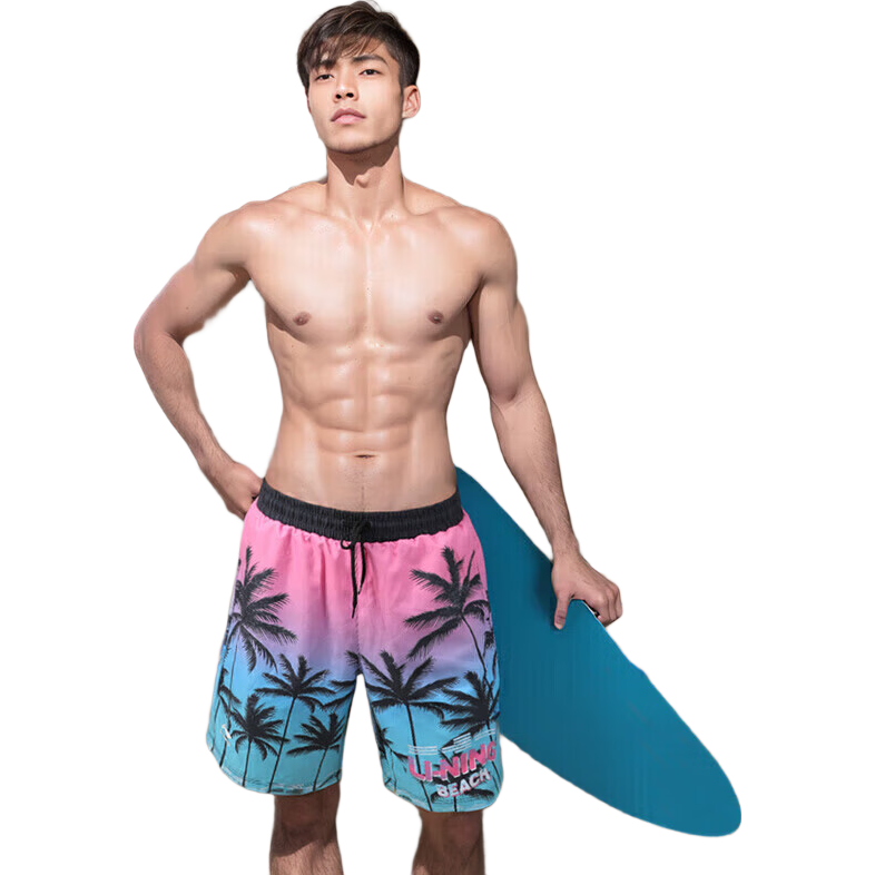 Li-Ning Beach Shorts for Men, Quick-Dry Swimming Trunks, Suitable for Water Activities, Loose-Fitting Hot Spring Swimwear 3011 Island Style XXXL
