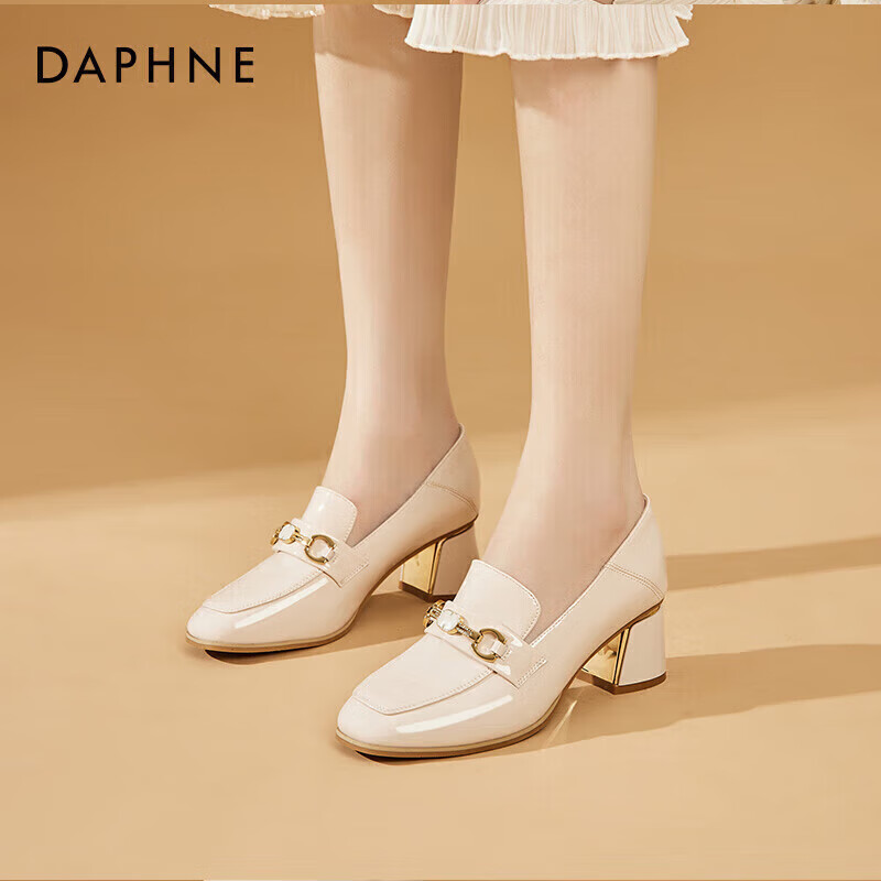 DAPHNE Women's Formal Leather Shoes, British Style Chunky Heel High Heels for Work, Business Commute Loafers, Beige, Size 36
