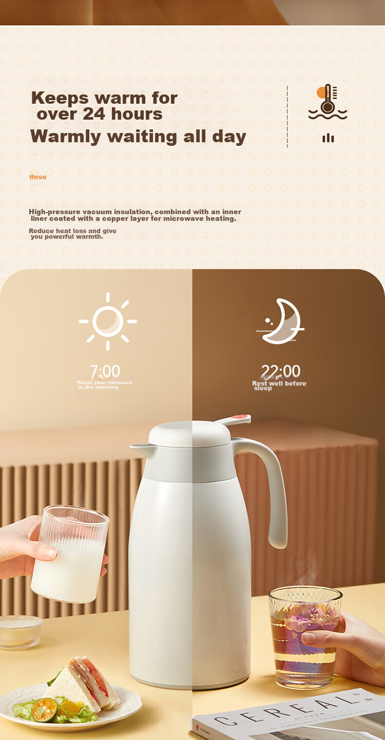 COOKER KING Insulated Bottle, 2.2L, 304 Stainless Steel Inner Liner, Hot Water Bottle, Household Thermos, Warm Water Jug [Elegant White] 7