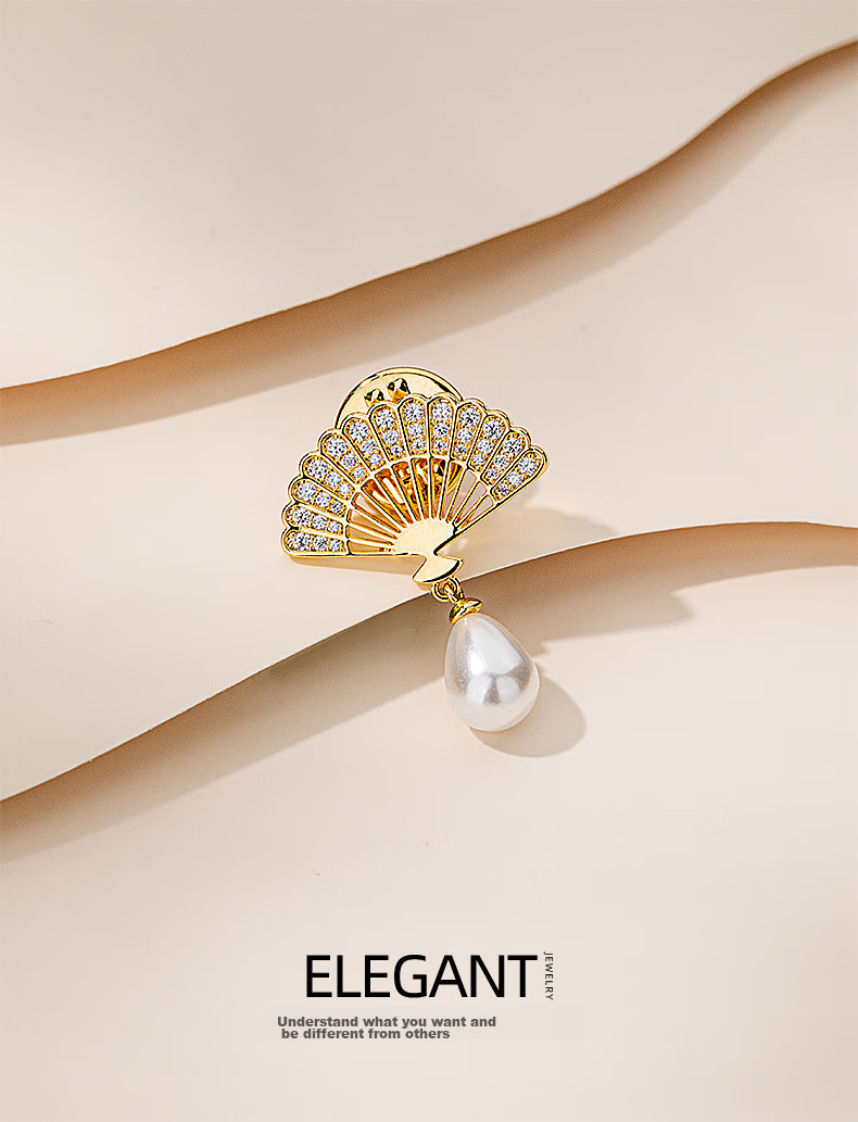 Qlady New Chinese-Style Fan Brooch, High-End Women's 2026 New Year Style Corsage, Light Luxury Anti-Exposure Collar Pin, Silk Scarf Buckle Accessory 1