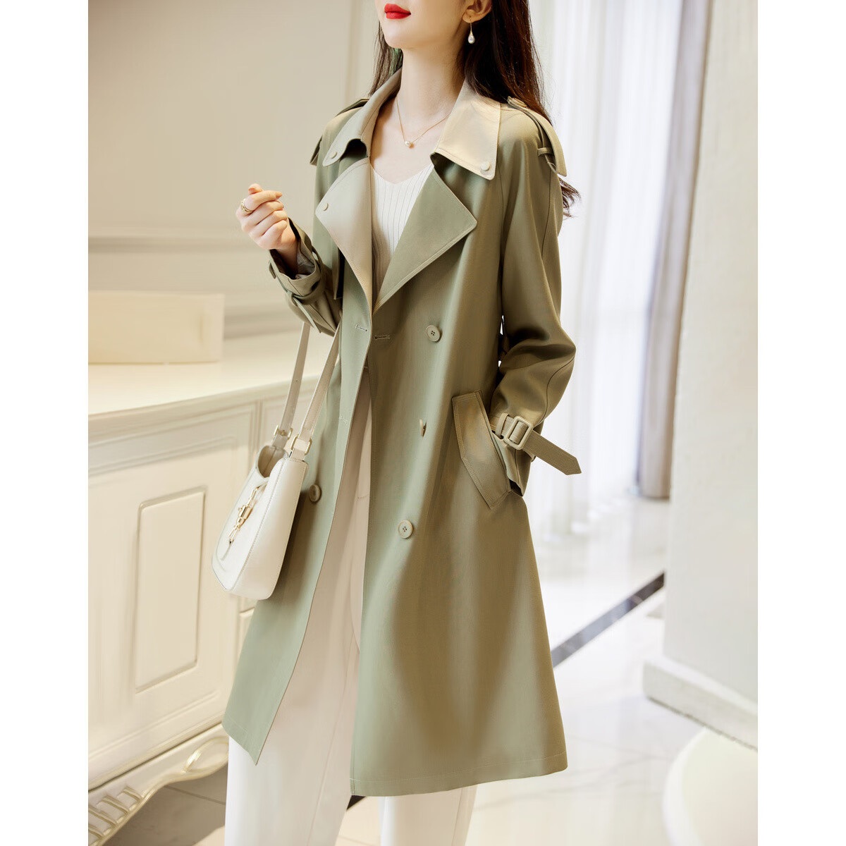 Dme Double-Breasted Straight-Cut Trench Coat for Women, Long Spring and Autumn Commuter Suit Collar Outerwear