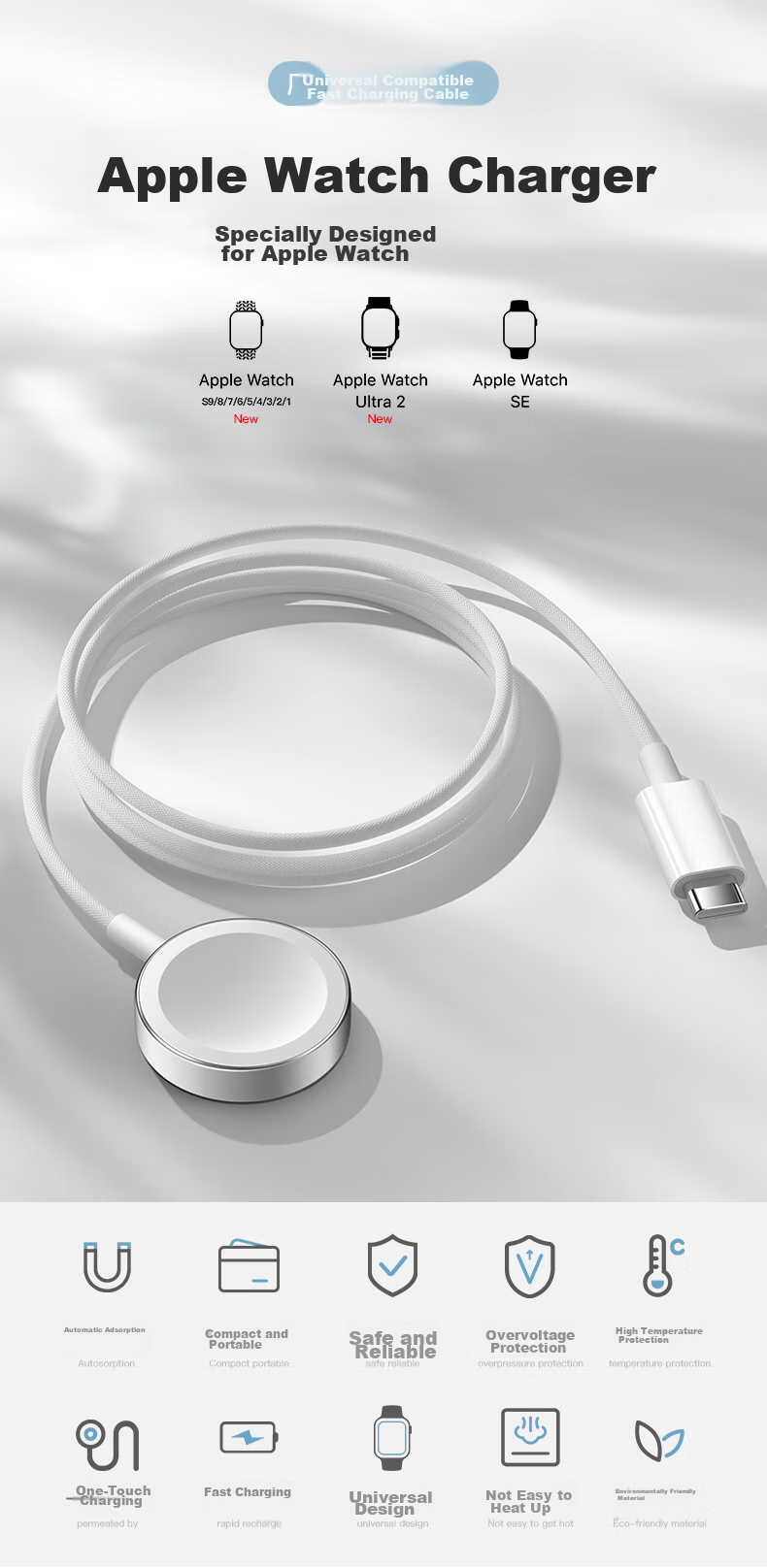 BHO Compatible Original Apple Watch Charger, Charging Cable for Apple Watch S12, Charging Dock for iWatch S11/10/9/8, Magnetic Charging Cable for Ultra4/2/S3E 1