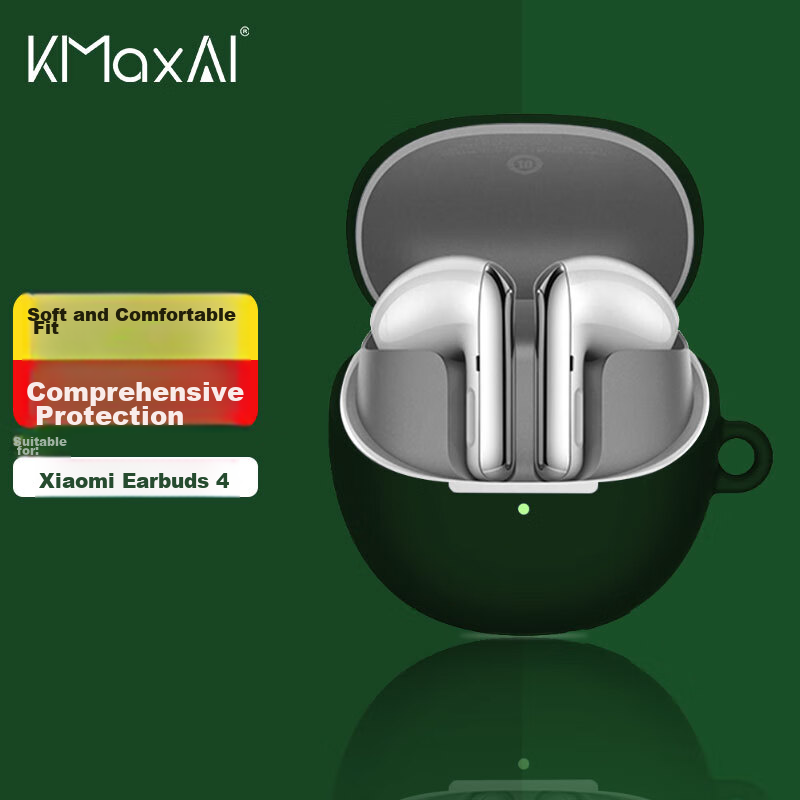 KMaxAI Compatible with Xiaomi True Wireless Earphones Buds4 Protective Case, Simple Silicone Protective Cover with Hook, Xiaomi Fourth Generation Charging Case Frosted Protective Pure Color Soft Shell, Dark Night Gree