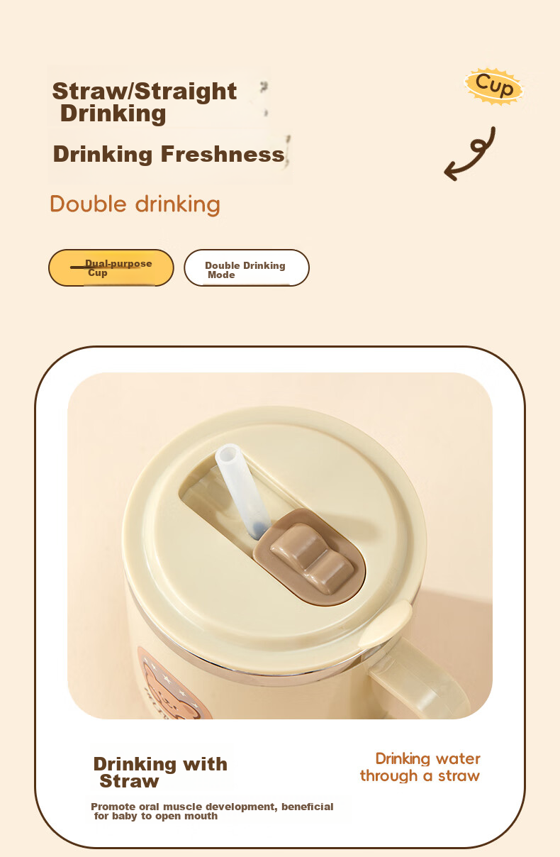 WORTHBUY 316 Stainless Steel Children's Milk Cup, Baby Drinking Cup, Double-Layer Anti-Scalding with Scale And Straw Cup, Bear Desig 8