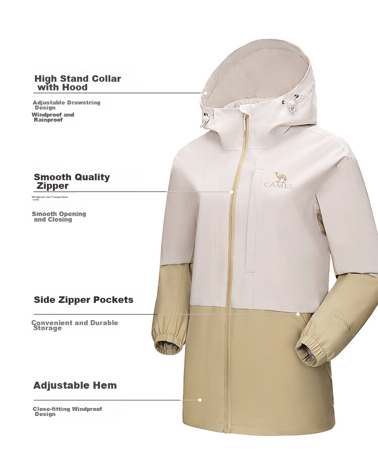 CAMEL Women's Triple-Protection Windproof And Waterproof Jacket, Spring And Autumn New Style, Hooded Casual Outdoor Coat 4
