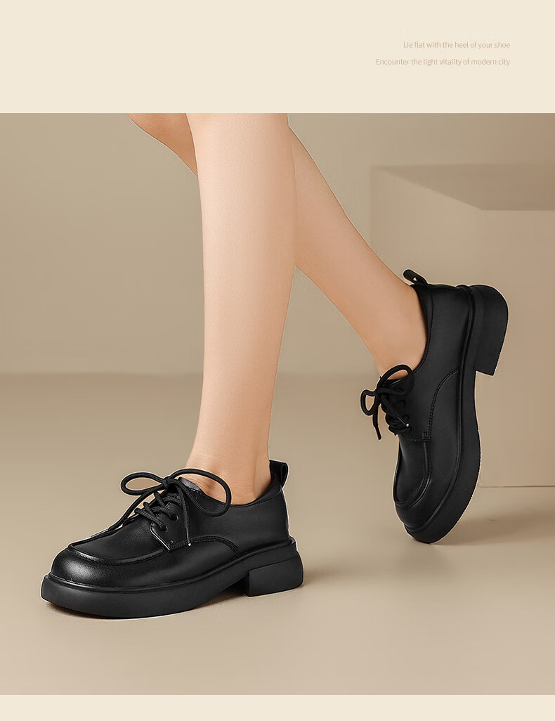 ZHR British Style Women's Leather Shoes with Round Toe And Lace-Up, Genuine Leather Chunky Heel Pumps AY127 Black Size 37 19