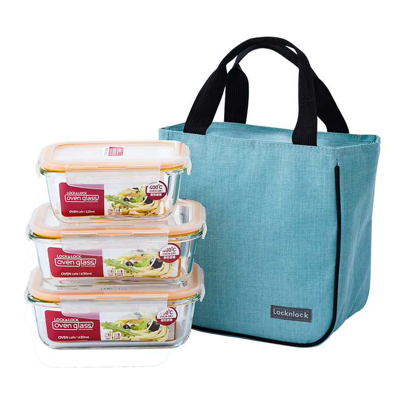 LOCK&LOCK Heat-Resistant Glass Food Storage Containers, Microwave-Safe Lunch Boxes, Bento Boxes for Office Workers And Students, Fruit Containers with Lunch Bags, Three-Piece Set
