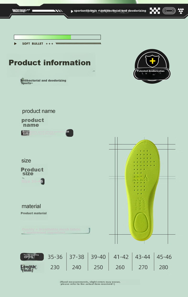 Nanjiren 2 Double Antibacterial Deodorizing Sports Insoles for Men And Women, Odor-Resistant Breathable Non-Stuffy Sweat-Absorbing Shock-Absorbing Soft Cushioning Long-Standing Comfortable Size 40 12