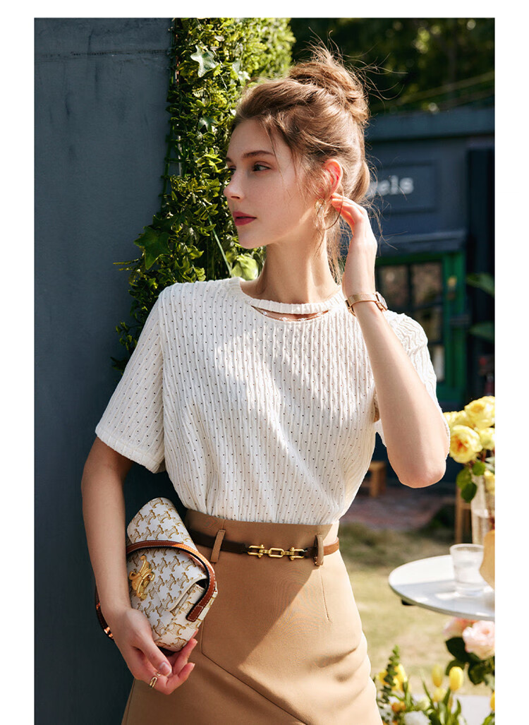 Olrain [Advanced Commuter Knit Top] Short-Sleeve T-Shirt, Summer Women's Wear, Distinct Textured Blouse, Apricot Color, Size M 11