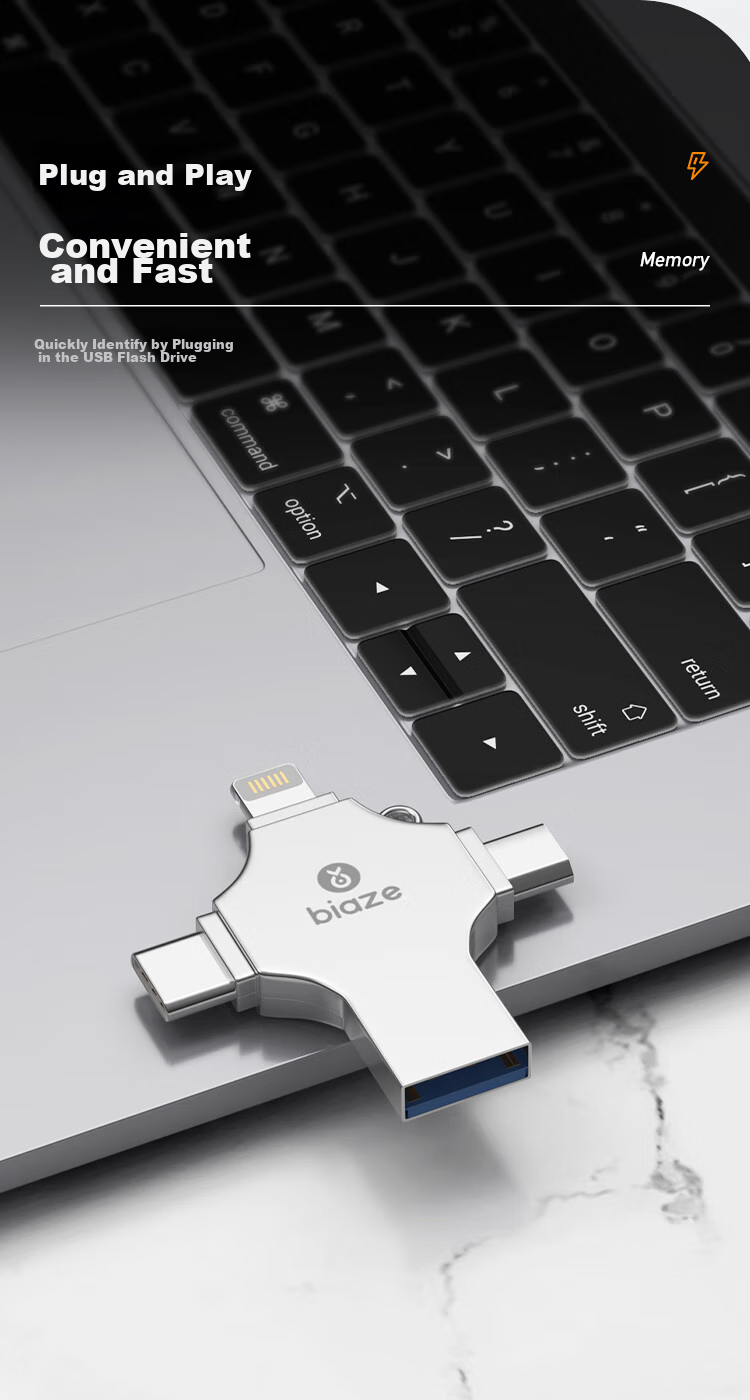 BIAZE 128GB Four-In Lightning Phone Flash Drive, Type-C USB3.0, Compatible with Huawei, Android, Apple, Large Capacity Dual-Use Thumb Drive for Computer And Phone 8