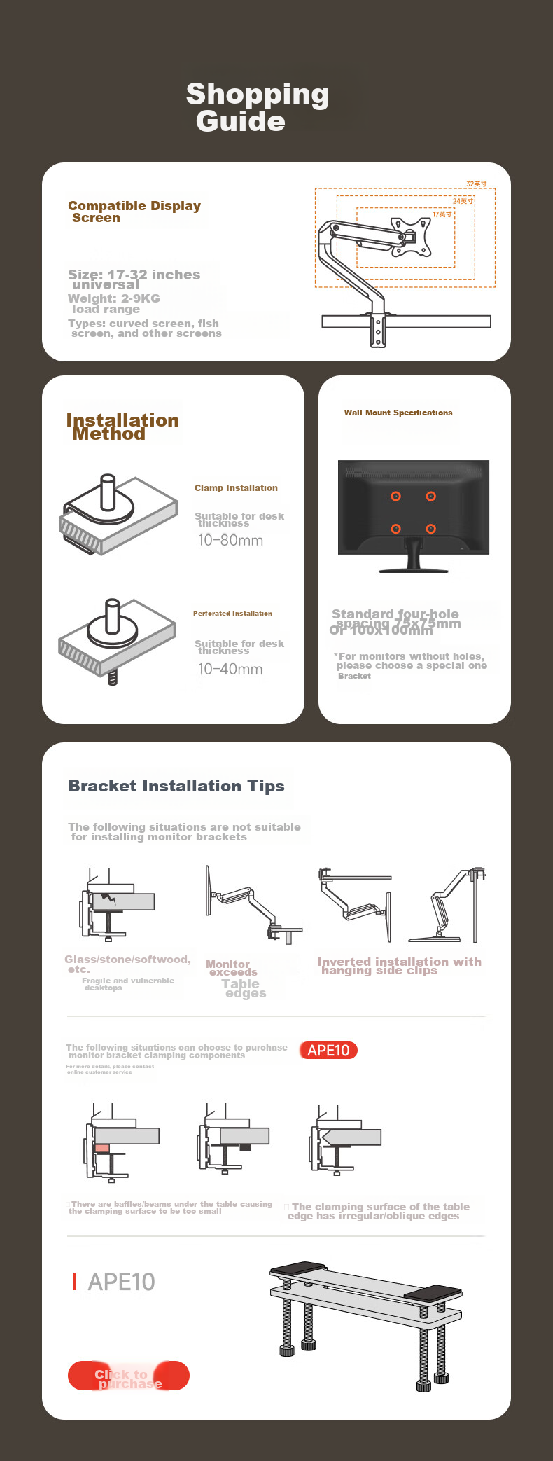 Brateck Beihu Monitor Stand, Mechanical Arm, Computer Desk Clamp Base, Screen Lifting Suspended Riser E350 Gray 17-32 Inch, Display Screen Mechanical Arm 2