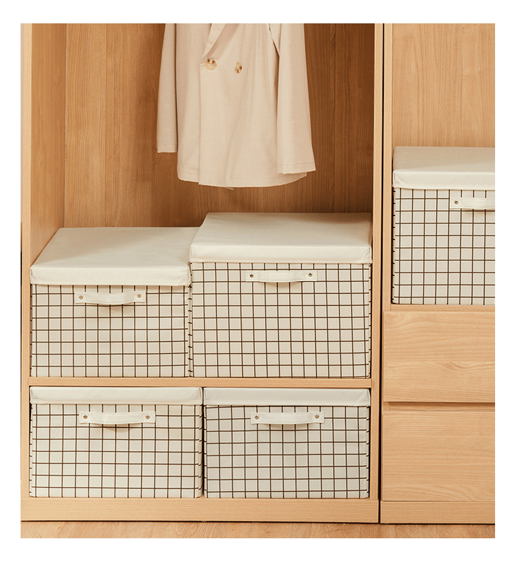 EACHY Fabric Storage Box for Clothes, Foldable Wardrobe Organizer, 40L Beige Grid 13