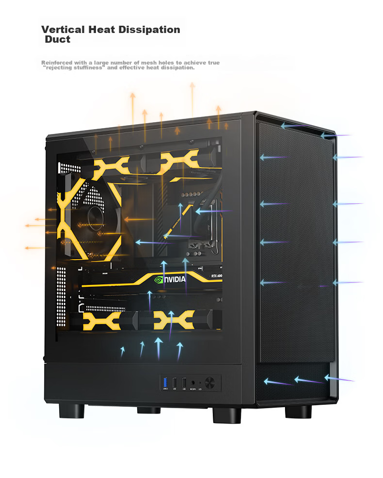 Golden Field Jianyu Jixi Black Wide Desktop Computer Case, Front Panel without Fan Leakage, Fully Compatible with 240mm Water Cooling, M-ATX Motherboard, 180mm CPU Cooler Height Limit 6