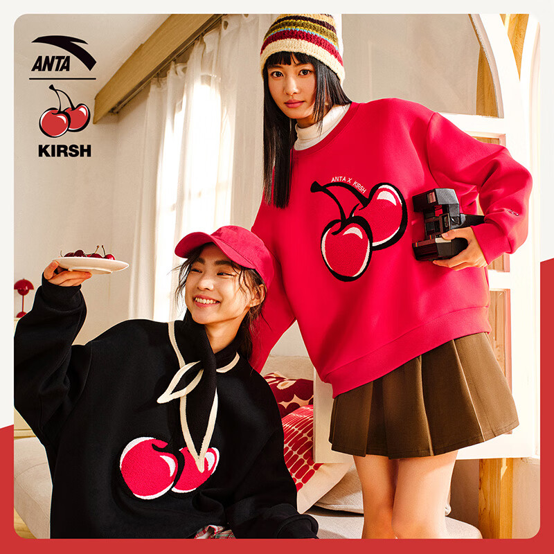 ANTA ×kirsh Collaboration | Cherry Round Neck Pullover Sweatshirt for Women, Autumn New Year Red Product Sports Top