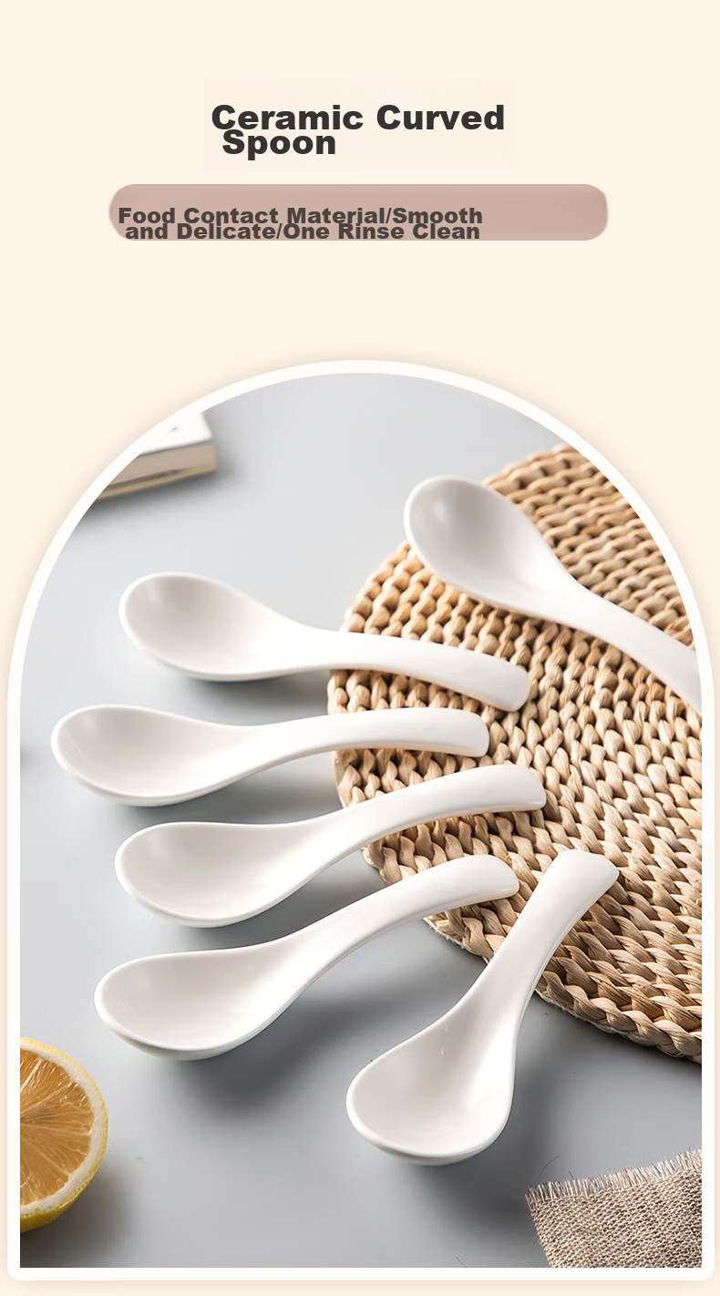 Shihua Ceramic Small Rice Spoon, Soup Spoon, And Small Spoon Set of 5 Pieces, Curved Handle Tablespoon for Home And Hotel Use, Pure White Dining Spoo 1