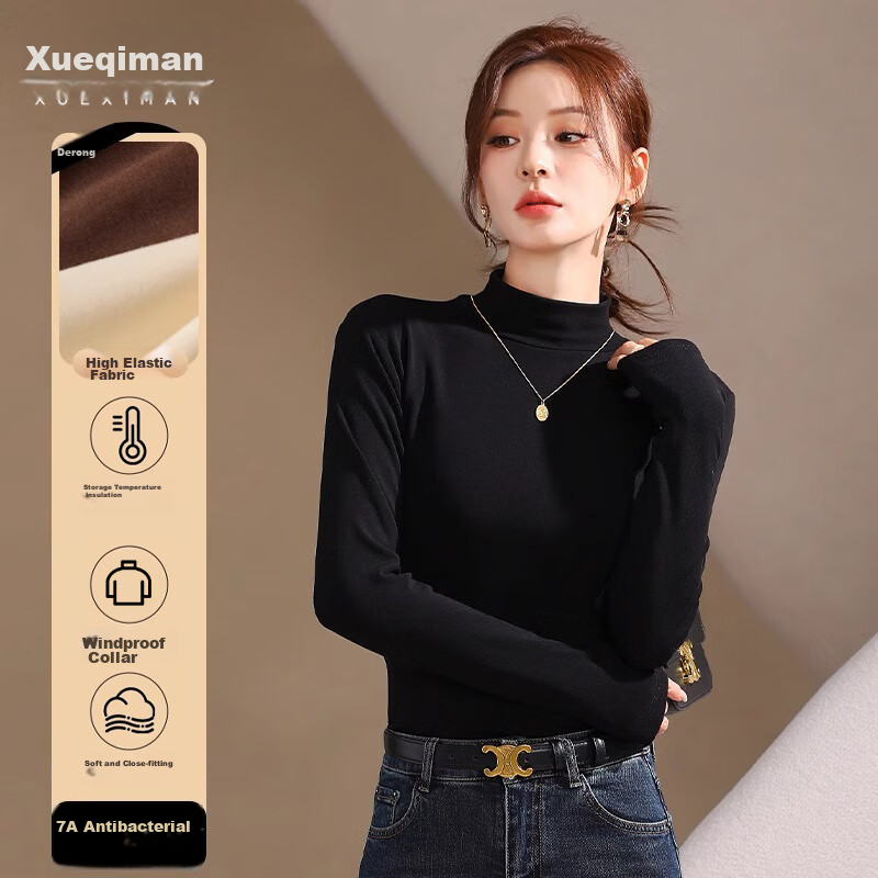 XUEXIMAN Women's Turtleneck Base Layer Top, Spring Season, German Velvet Brushed Undershirt, 7a Antibacterial Slim-Fit Inner Wear Top