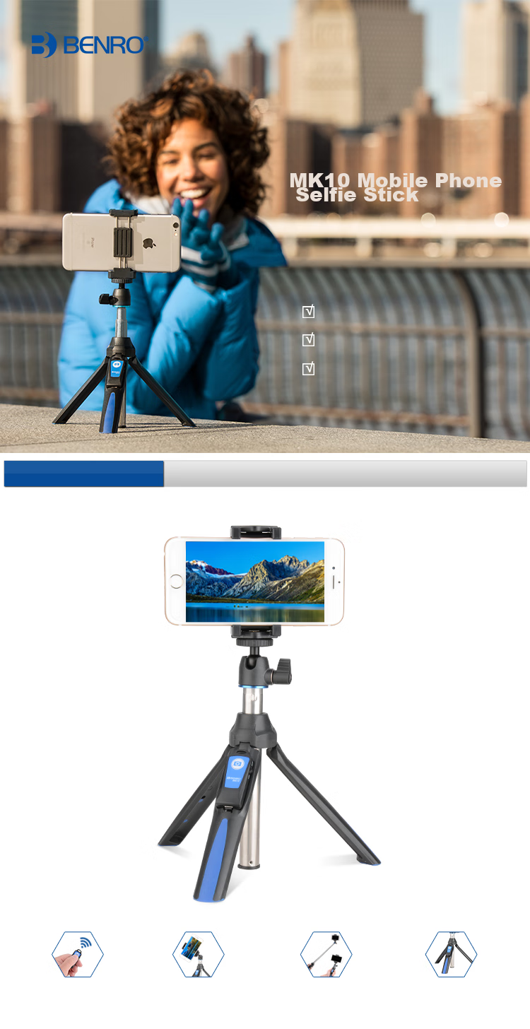 Benro MK10 Smartphone Selfie Stick, Bluetooth Wireless Remote Control, Desktop Mini Portable Camera Tripod for VLOG, GOPRO Multifunctional 2