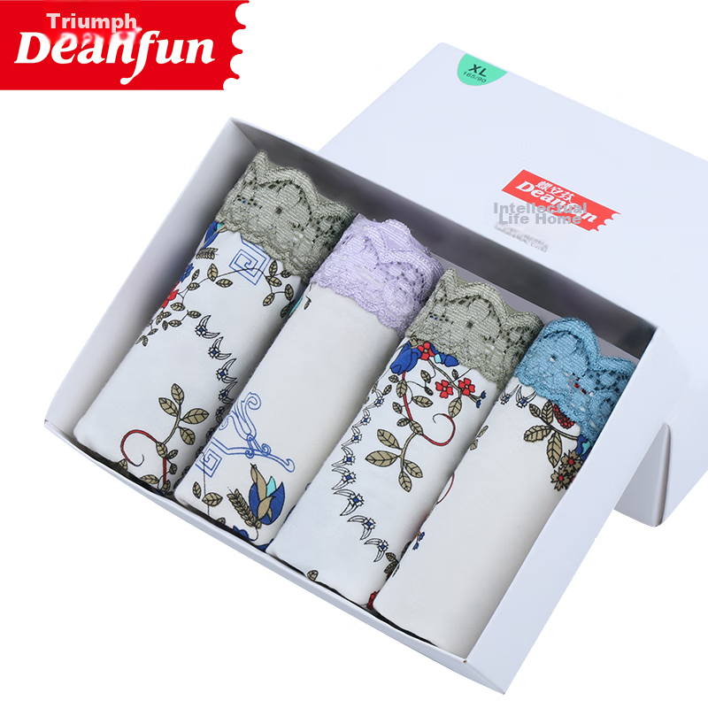 Женские трусы Deanfun, модель "Boyshorts" с кружевной отделкой, бесшовные, из модала, средняя посадка, размер L (46-48), 4 шт. в подарочной упаковке