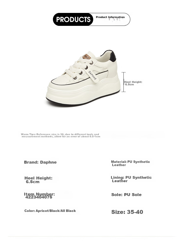 DAPHNE Women's White Sneakers, Versatile Breathable Sports Shoes, Thick-Soled Heightening Casual Trendy Skateboard Shoes for Women, Black, Size 40 2