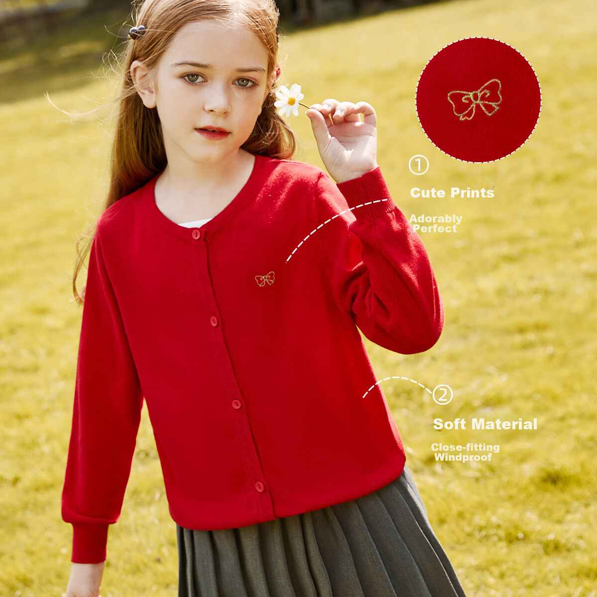 ASK JUNIOR Girls' Sweater, Autumn 2026, Warm Children's Long-Sleeve Cardigan, Knitted Sweater for Teenagers, Red, Size 160