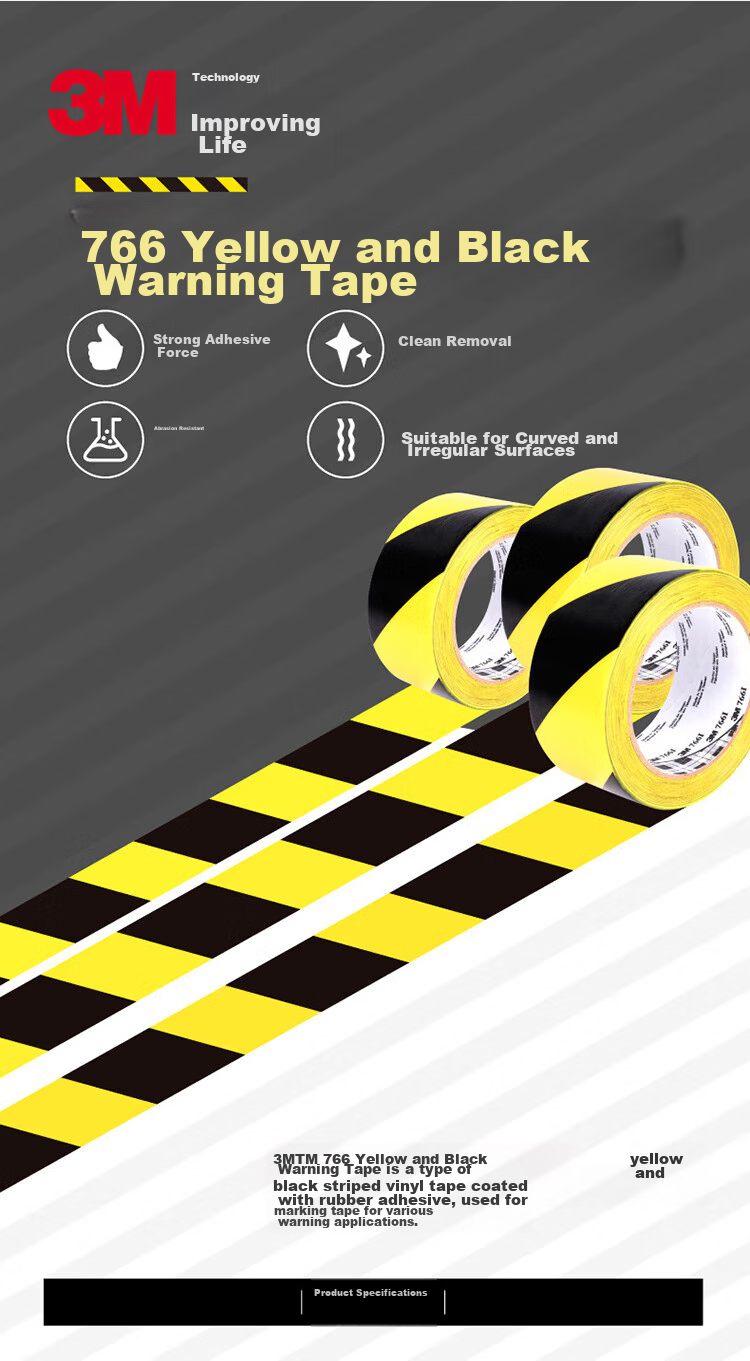 3M Warning Zebra Line Floor Marking Tape, Warehouse Isolation Tape, 766 Black And Yellow Tape, Width 10mm * Length 3m, 3M 1