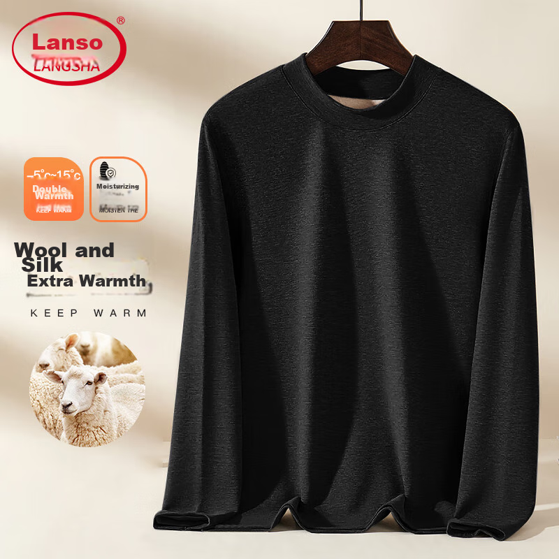 LangSha Men's Wool And Silk Blend Sweater [2026 Autumn/Winter New Arrival], Base Layer, Warm Top, 7A Antibacterial, Fleece-Lined, Heat-Generating