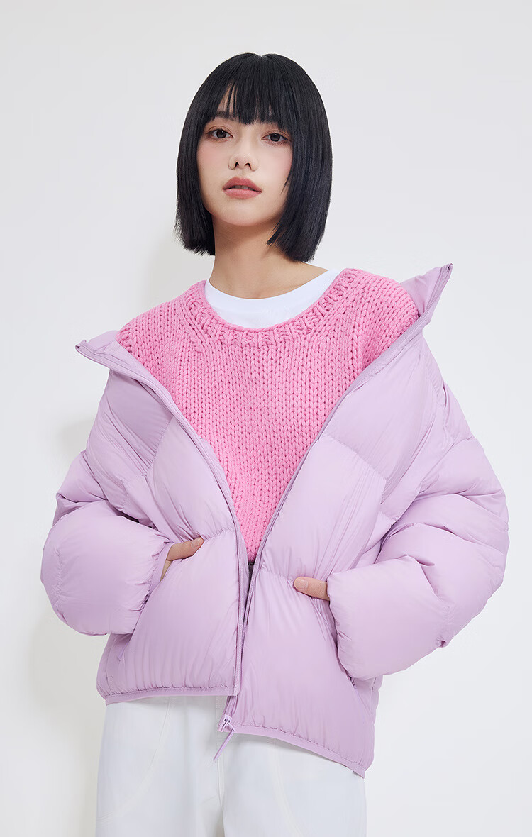 JD Original down Jacket for Women, Spring And Autumn Puffer Coat, New Year Battle Robe Outerwear, Stand-Up Collar Short Style, Cloud Purple Color, XL Size 22