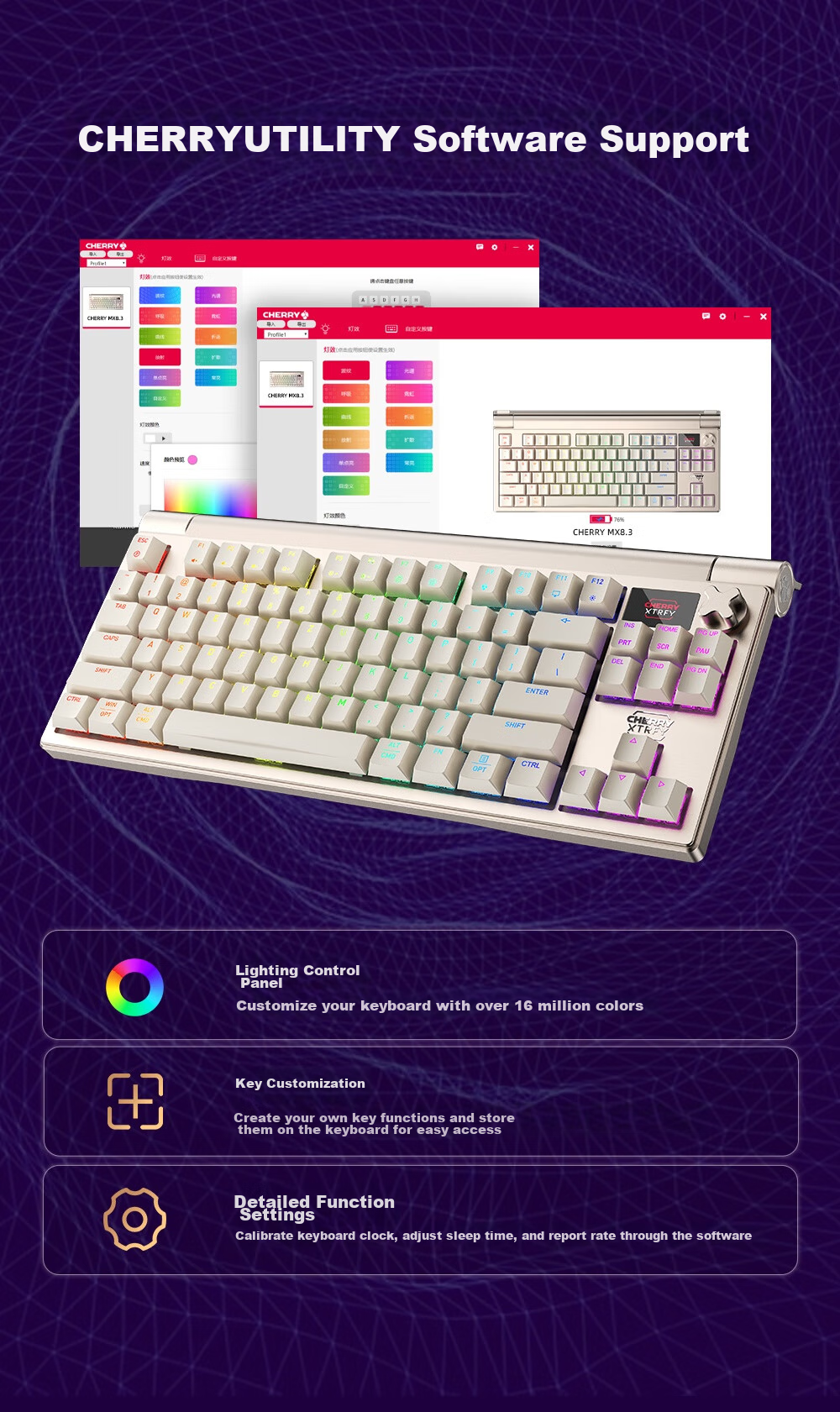 CHERRY MX8.3 Customizable Tri-Mode Mechanical Keyboard for Gaming, E-Sports, 8K Backlight, Hot-Swappable, RGB, Compatible with VALORANT, Triangle, Aluminum, And Tuhu, Compatible with Windows/Mac 12