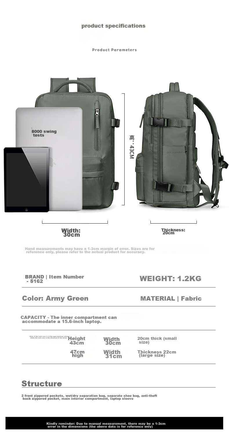 Landcase Backpack Travel Bag Large Capacity for Women And Men Short-Trip Tourism Bag Multifunctional Laptop Bag 5162 Dark Green Small Size 9