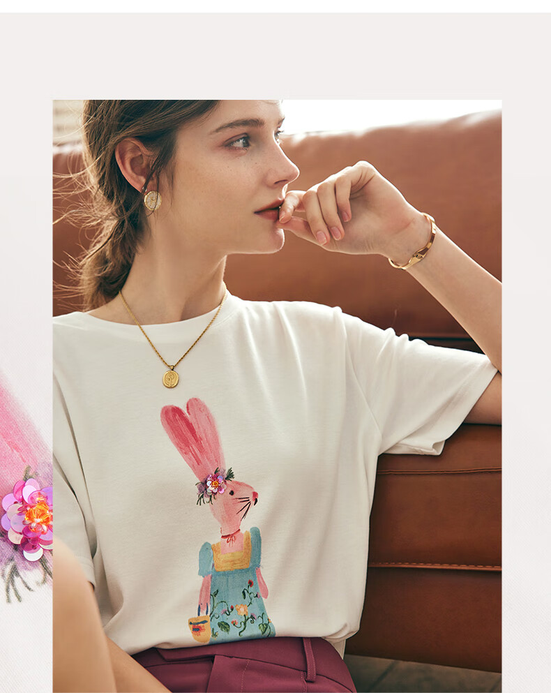 Olrain Fun Printed Short-Sleeve T-Shirt, Summer Women's Loose-Fit Beaded Top, Cotton-Like Breathable, Off-White, Size S 5