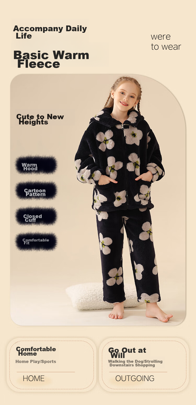 LangSha [Fleece-Lined Thick Flannel] Children's Pajamas, Girls' Sleepwear for Older Kids, Autumn And Winter, Warm Home Wear Set for Teenage Girls And Babies 7
