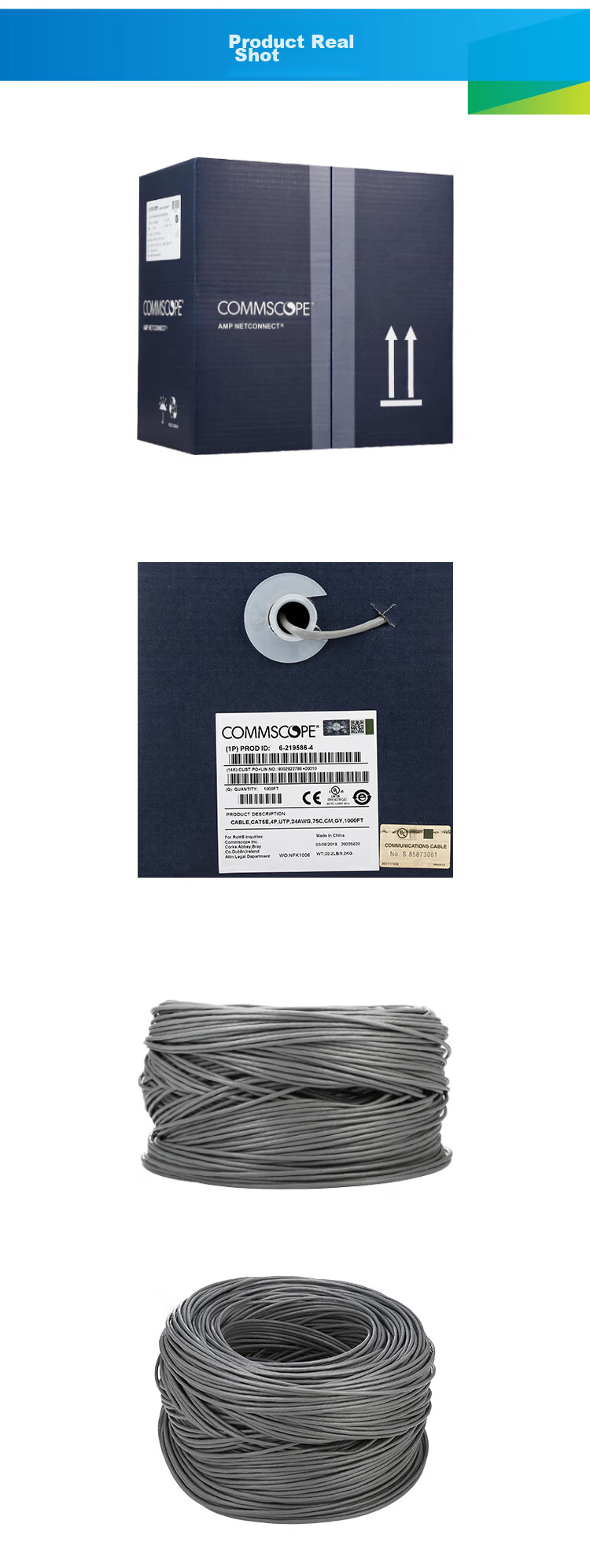 COMMSCOPE Cat5e Unshielded Twisted Pair Cable, 305 Meters, CAT5E Network Cable, CM Flame-Retardant, 24AWG Blue Box, 6-219586 12