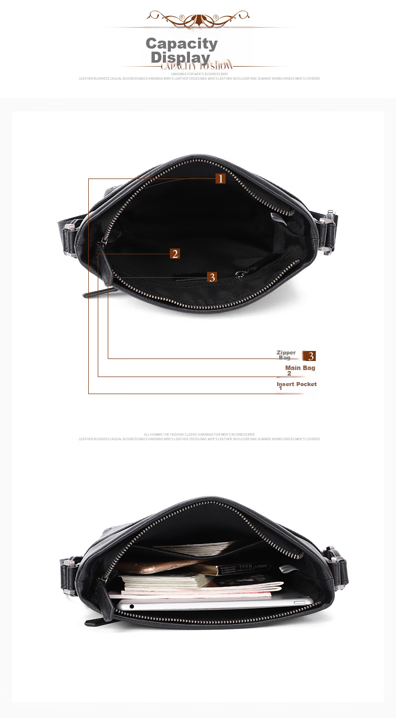 ELLE HOMME Business Men's Shoulder Bag, Top-Grain Leather Fashion Crossbody Bag, Large Capacity Vertical Men's Bag 01941 Black Birthday Gift for Boyfriend 7