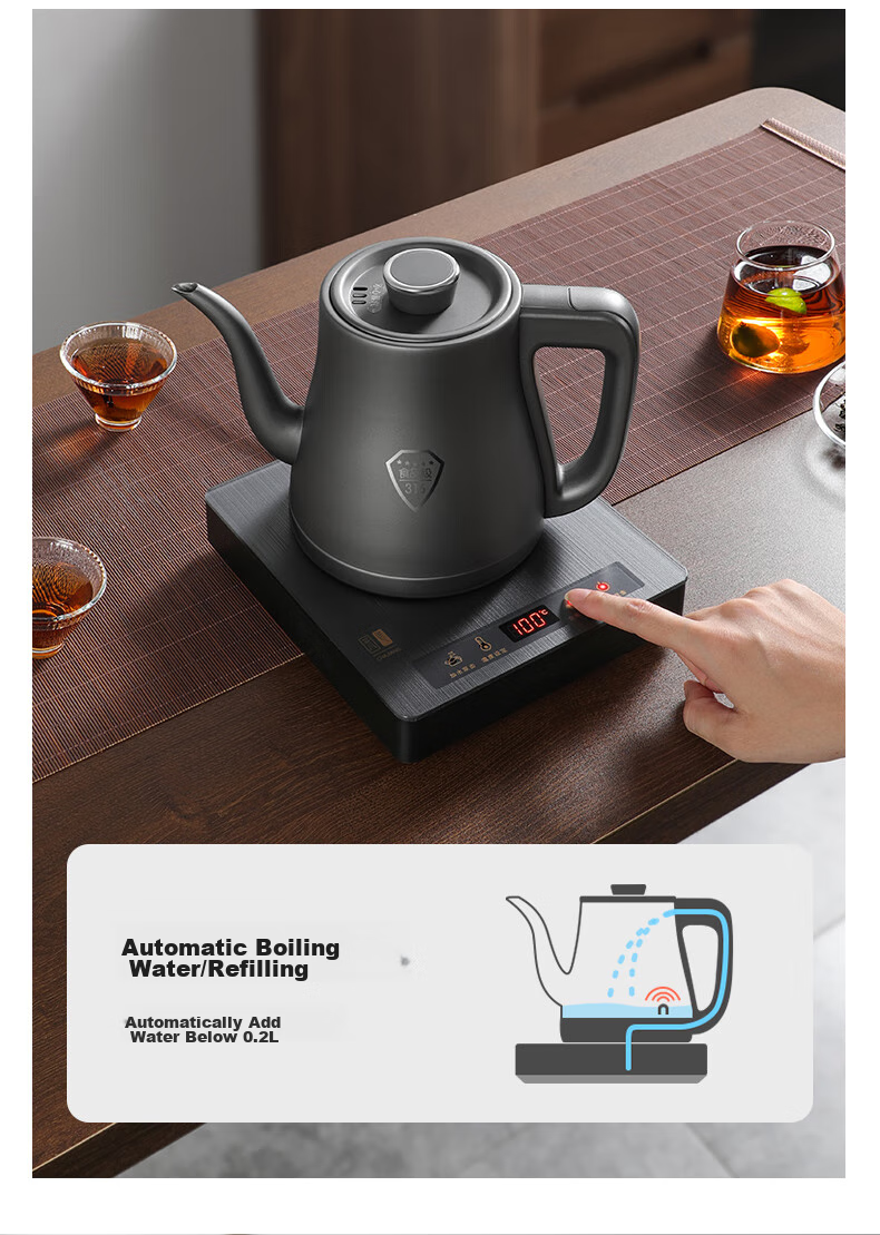 FUNORK Fully Automatic Electric Kettle with Tea Tray, Water Boiler, Specialized All-In Tea Table, Tea Set, Electric Tea Stove, Titanium Gray Handle, Single Burner 5