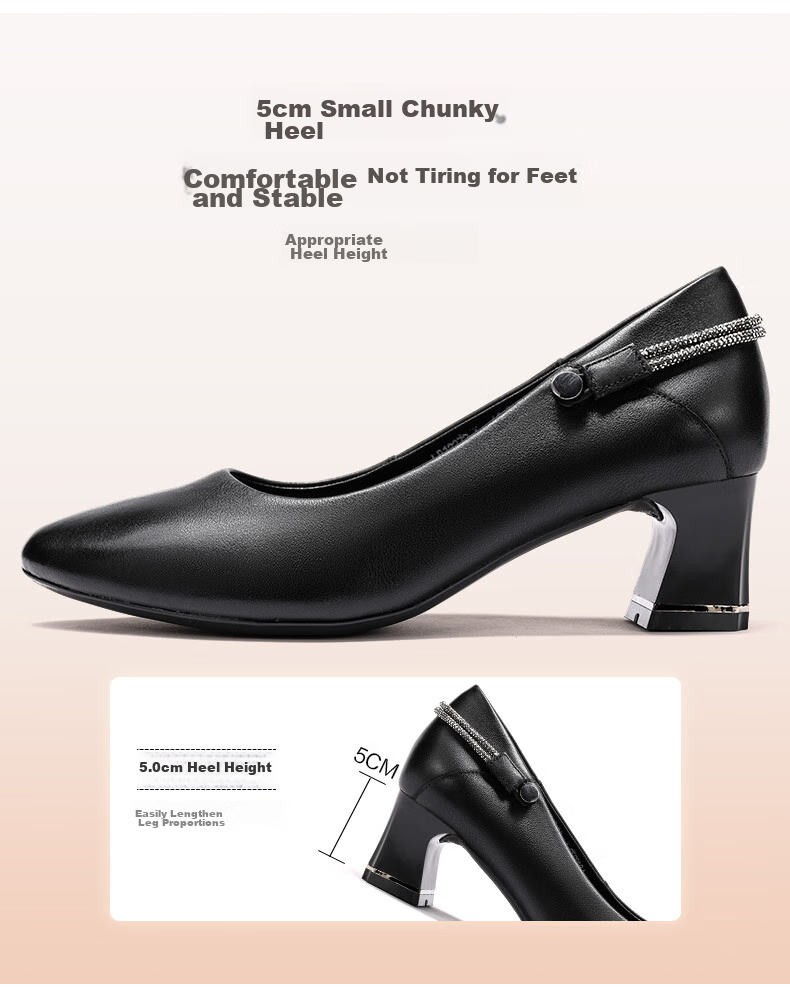 LAORENTOU Spring And Autumn Women's Flats, Shallow Mouth Mid-Heel Leather Shoes, Chunky Heel Commuter Work Mom Shoes LB12272 Black 35 6