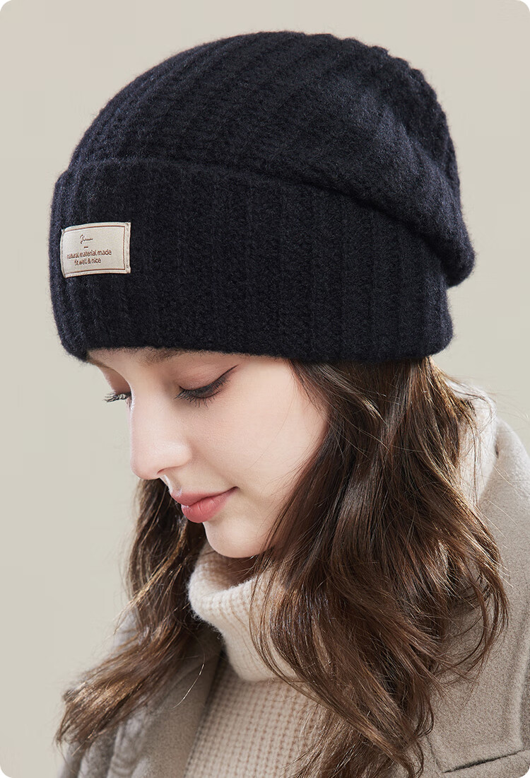 JIUMU Pure Wool Warm Knit Hat, Autumn And Winter Knitted Cap, Cold Hat, Winter Hat, Large Head Circumference Slouchy Hat, Cold-Proof Hat for Women in Winter 22